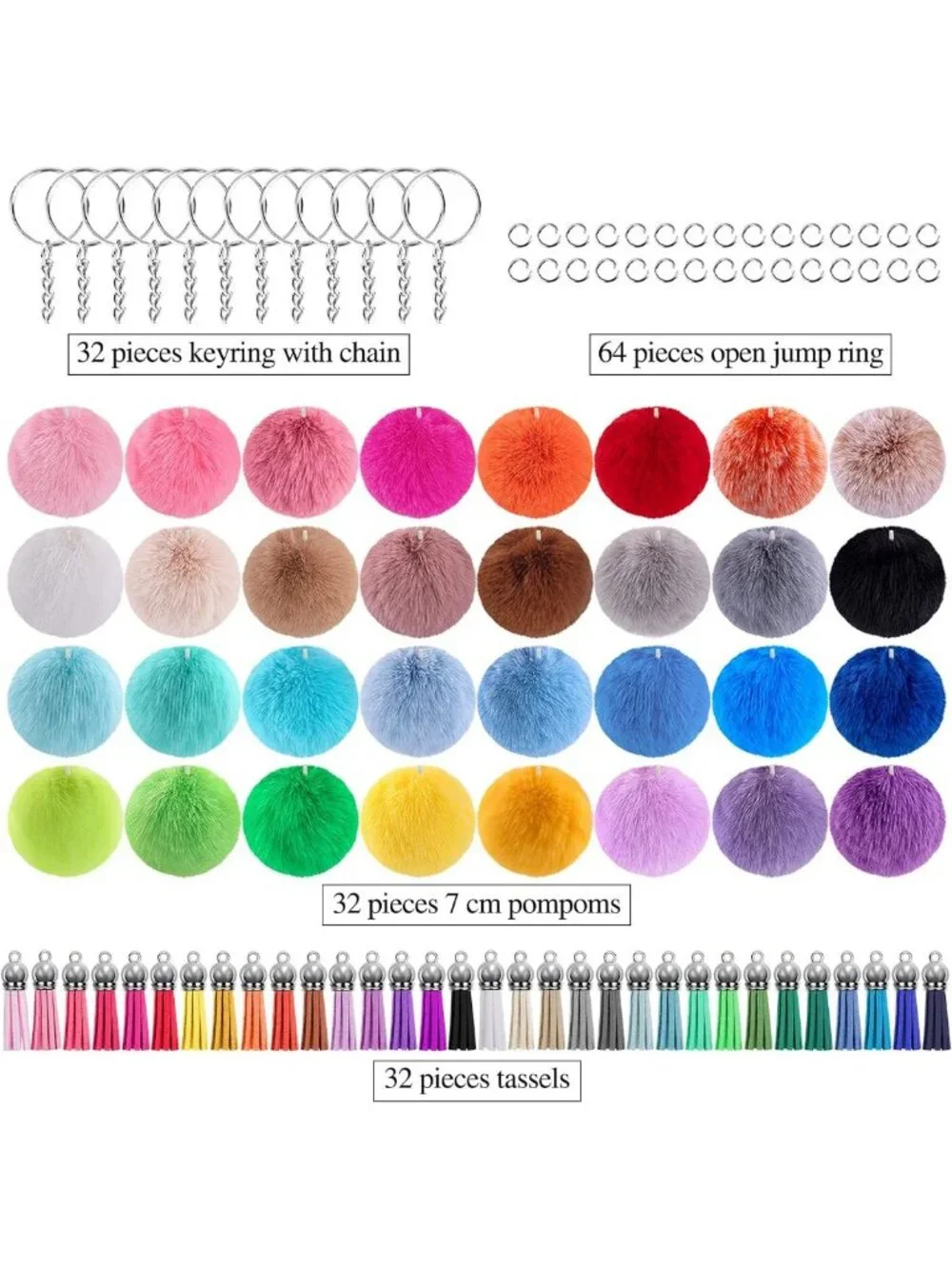 Fluffy Pom Pom Keychain Set - 160 Colorful Faux Fur Balls with Tassels